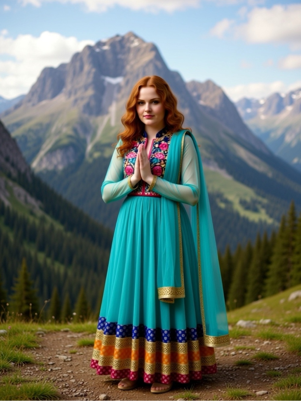 Elegant Blue Dress with Colorful Embroidery